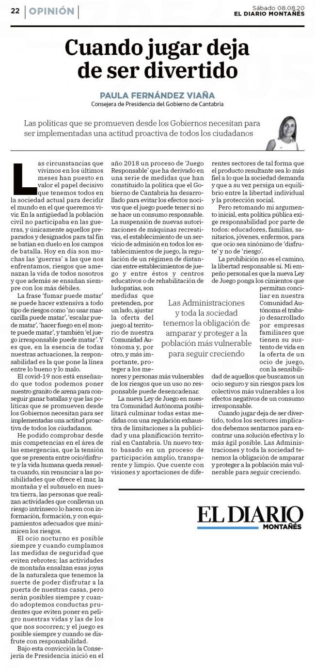 ARTÍCULO DE OPINIÓN sobre el juego de la CONSEJERA DE PRESIDENCIA, PAULA FERNÁNDEZ en el Diario Montañes: 