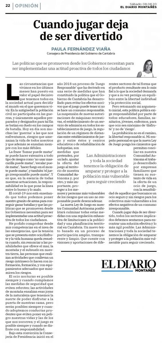 ARTÍCULO DE OPINIÓN sobre el juego de la CONSEJERA DE PRESIDENCIA, PAULA FERNÁNDEZ en el Diario Montañes: "La prohibición no es el camino; la libertad responsable, sí"