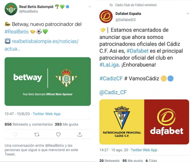Desconcierto general ante los dos últimos patrocinios deportivos de dos operadores de juego online: BETWAY al BETIS y DAFABET al CÁDIZ