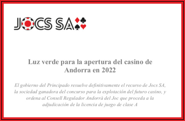 Luz verde para la apertura del casino de Andorra en 2022 