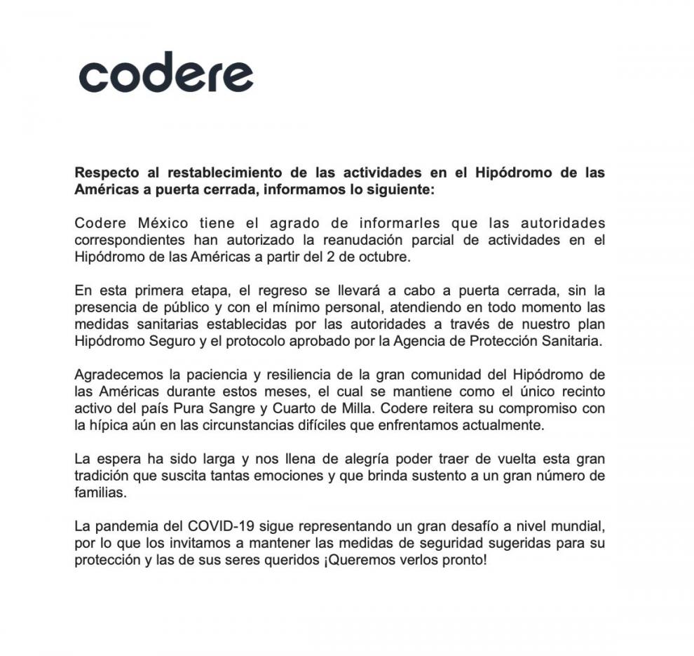 CODERE México anuncia el reinicio de operaciones del Hipódromo este 2 de octubre