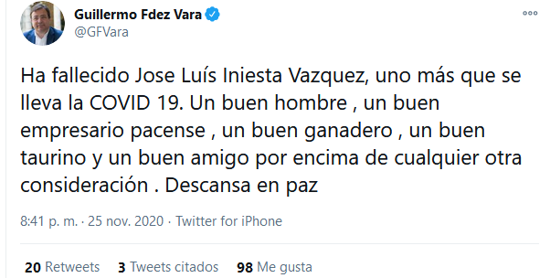 El presidente de la Junta de Extremadura, Guillermo Fernández Vara, ha mostrado su pesar por la muerte de José Luis Iniesta