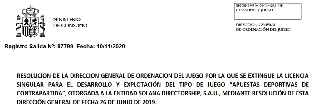 Solana Directorship EXTINGUE su licencia de Apuestas