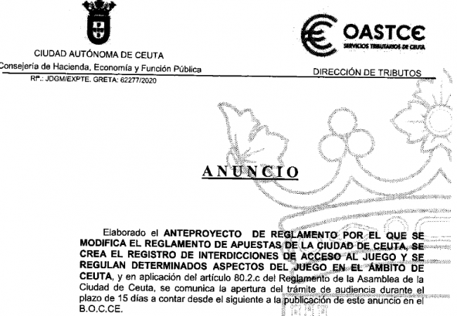 CEUTA | Nuevo reglamento de juego a exposición pública: Se implanta el control de acceso y renovación de licencias cada 10 años con condiciones