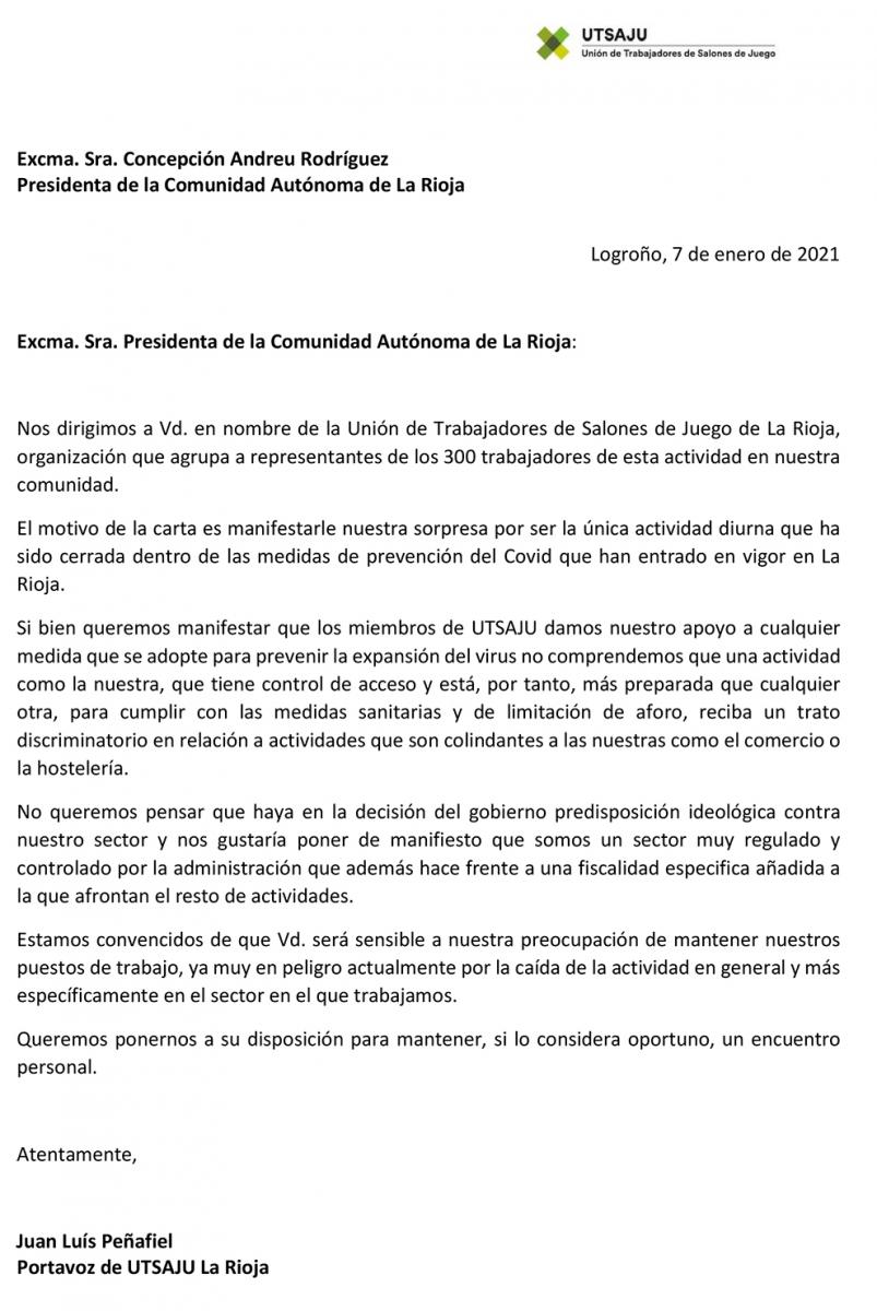 Unión de Trabajadores de Salones de Juego La Rioja solicitó por carta a la Presidenta de la Comunidad que no se margine deliberadamente a su sector