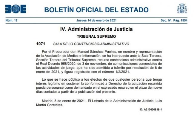 El Tribunal Supremo admite a trámite un recurso de la Asociación de Medios e Información contra el decreto de publicidad del Juego Online