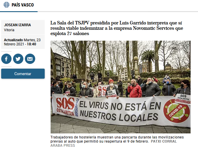 The Basque Justice rules that it is feasible to compensate gaming halls for closure