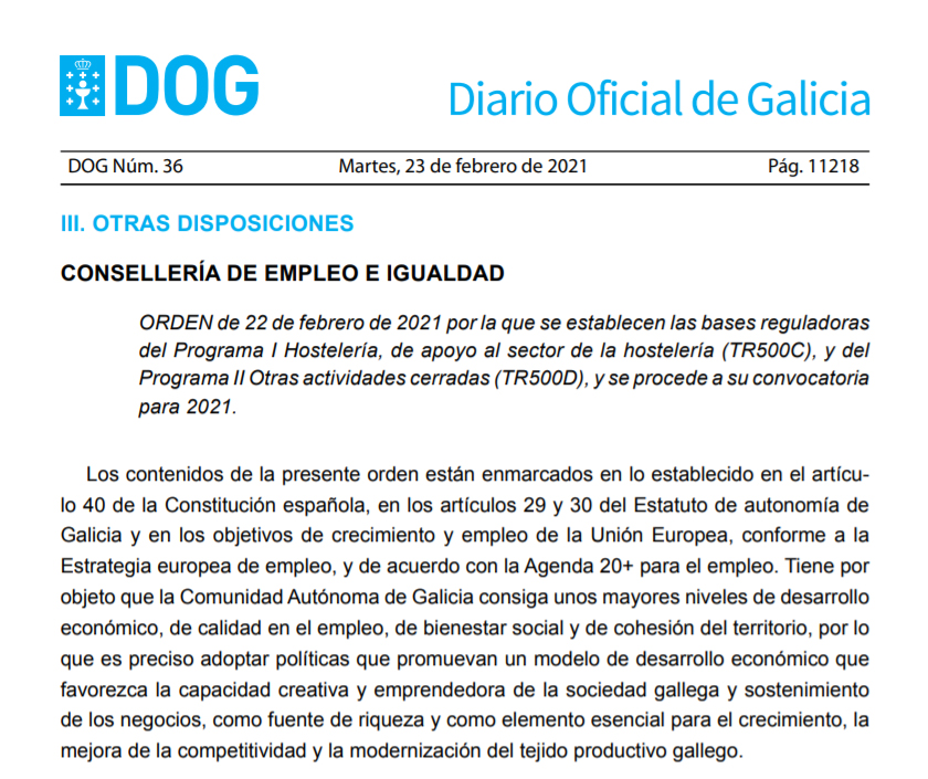  La Xunta de Galicia activa otro plan de rescate para hostelería y otros establecimientos cerrados