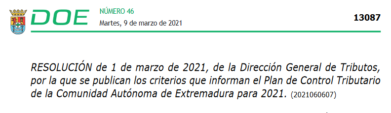 Publicados los criterios del Plan de Control Tributario de la Comunidad Autónoma de Extremadura