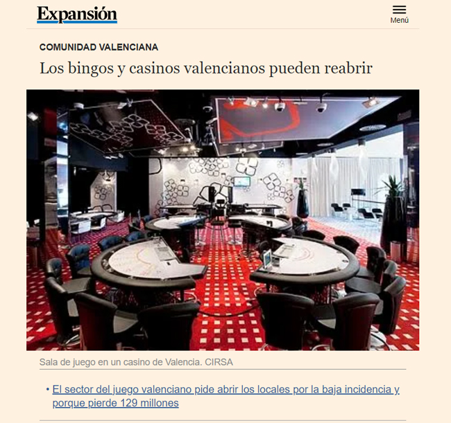  El Diario Expansión se hace eco de la reapertura del juego en Valencia, de la incongruencia de las medidas y del daño causado al sector