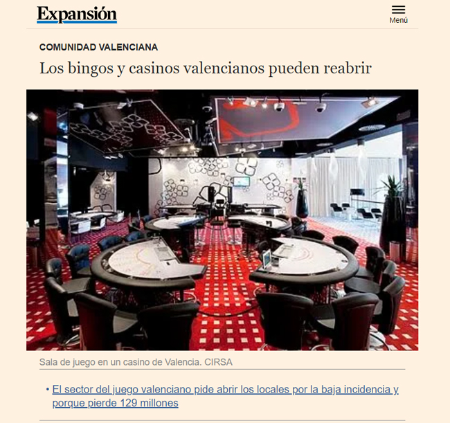 El Diario Expansión se hace eco de la reapertura del juego en Valencia, de la incongruencia de las medidas y del daño causado al sector