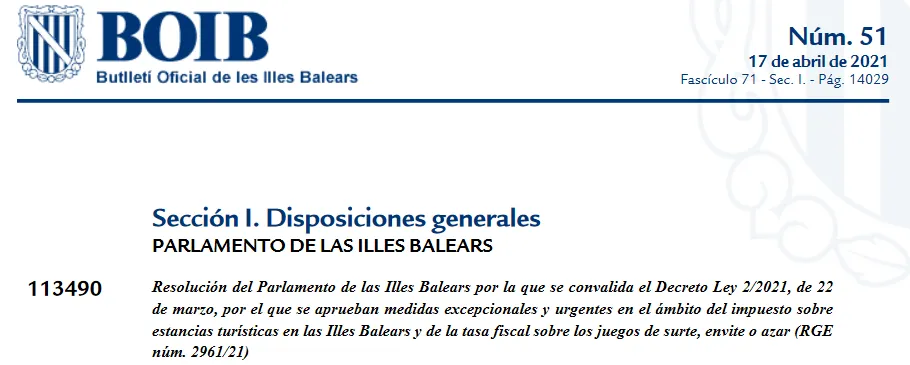 El Boletín Balear publica la convalidación del Decreto Ley que bonifica la tasa en el ejercicio fiscal de 2021