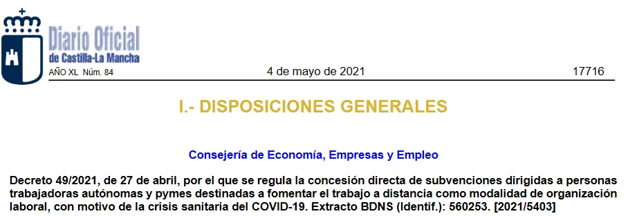 Diario de Castilla La Mancha hoy: Ayudas destinadas a fomentar el trabajo a distancia