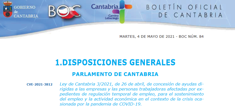 El Diario Oficial de Cantabria publica las ayudas: pago único de 300 euros para trabajadores en ERTE y de 3.000 a las empresas