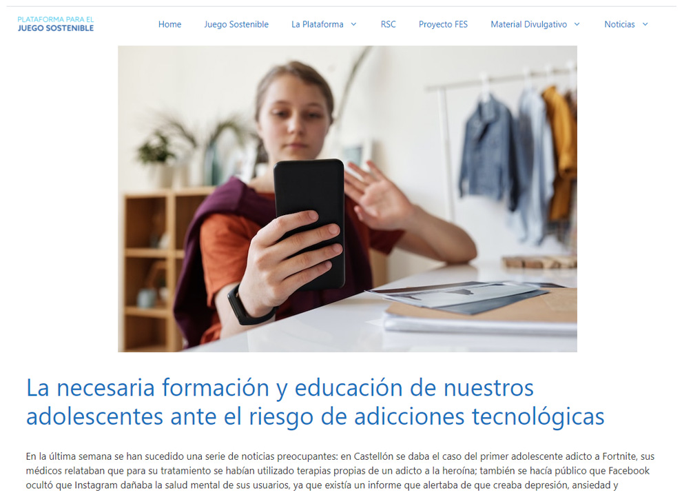 La Plataforma para el Juego Sostenible publica un artículo sobre el riesgo de adicciones tecnológicas