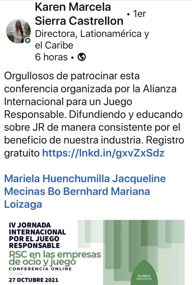 Karen Sierra-Hughes, vicepresidenta para Latinoamérica y el Caribe de GLI, orgullosa de su apoyo a la Alianza Internacional por el Juego Responsable