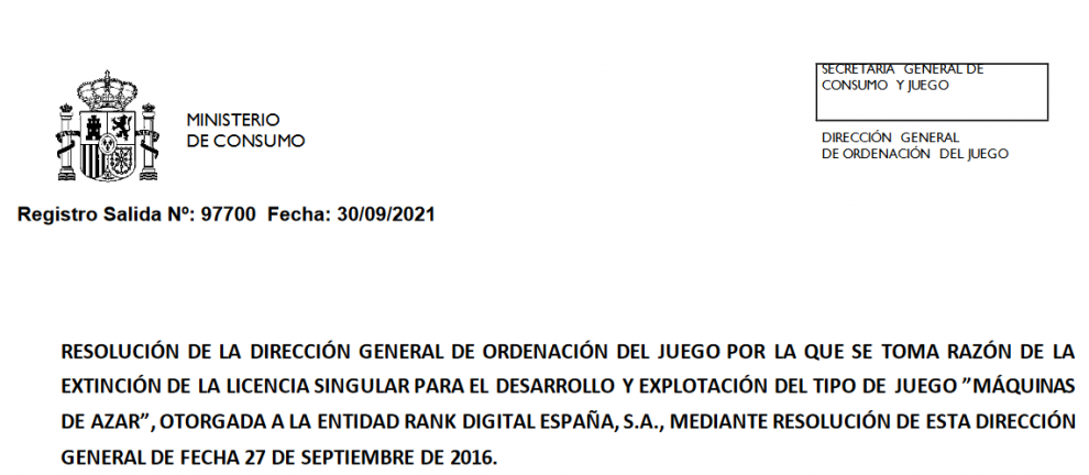 Rank EXTINGUE su Licencia Online de Máquinas de azar