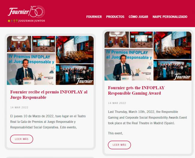 Naipes Fournier valora la organización de los Premios INFOPLAY y recoge en su web detalles de su merecido Premio a la Empresa más destacada en la promoción de la cultura