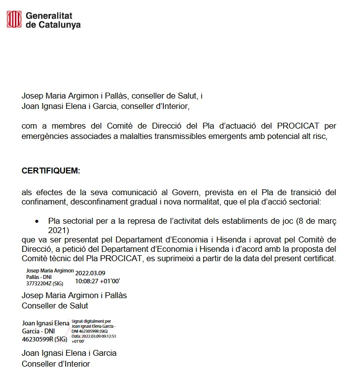 Generalitat aprobó el Plan sectorial para la reanudación de la actividad de los establecimientos de juego