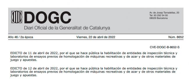 Cataluña: Publicada en el DGOC la habilitación al LABORATORIO DE ENSAYOS DE MÁQUINAS RECREATIVAS (LEMAR) para la inspección técnica y laboratorios de ensayos previos de homologación de máquinas