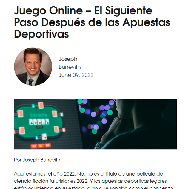 Joseph Bunevith (GLI) analiza el creciente mercado del juego online en los Estados Unidos en su artículo “Juego Online – El siguiente paso después de las Apuestas Deportivas”