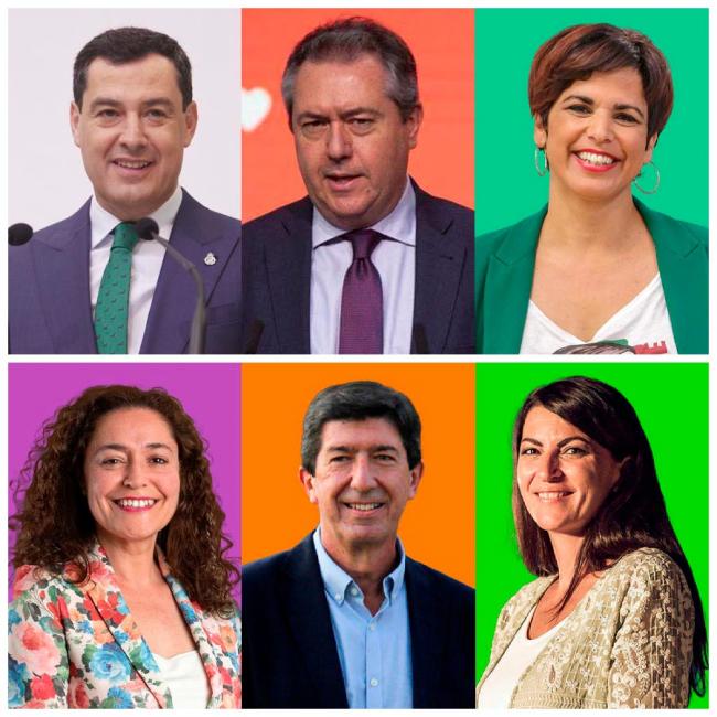 Juanma Moreno, Juan Espadas, Teresa Rodríguez, Inmaculada Nieto, Juan Marín y Macarena Olona