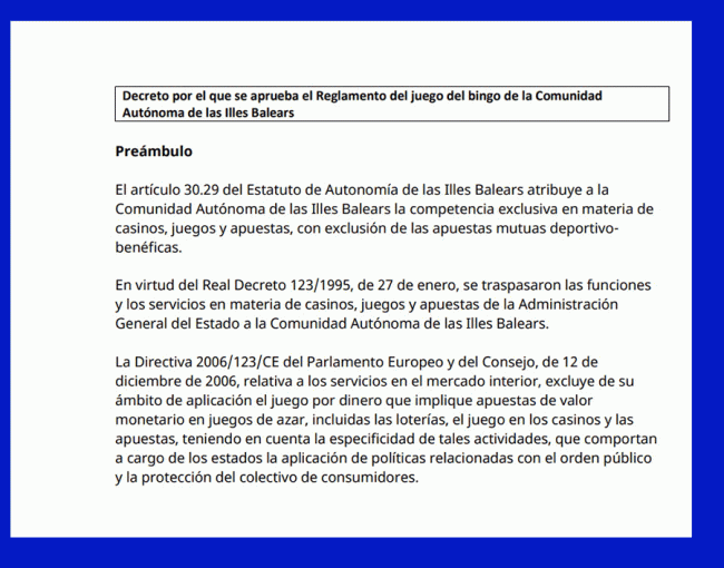 BINGO, REGLAMENTO, BALEARES, BINGO ELECTRÓNICO, CONTROL DE ACCESO
