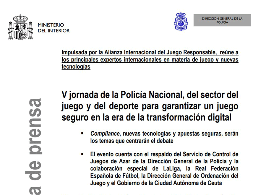 COMUNICADO OFICIAL
El Ministerio de Interior, a través de Policía Nacional de España, informa de la próxima Jornada de Juego Responsable