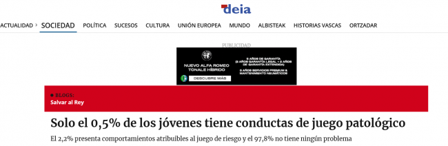  El Gobierno vasco y la prensa generalista vuelven a incidir en el escaso índice de juego problemático