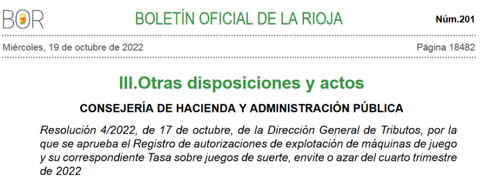 La Rioja hoy: Registro de autorizaciones de explotación de máquinas de juego y su correspondiente Tasa