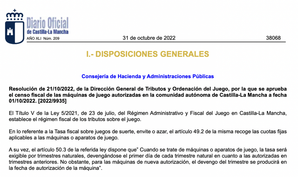  Aprobado el censo fiscal de las máquinas de juego autorizadas en Castilla-La Mancha