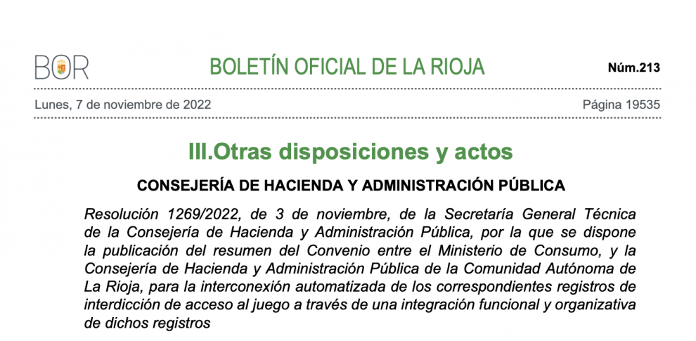 El nuevo convenio entre el Ministerio de Consumo y la Consejería de Hacienda de La Rioja para la interconexión automatizada de los registros de acceso al juego