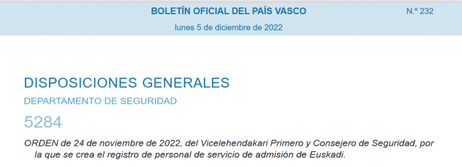 PAIS VASCO, REGISTRO DE ADMISIÓN, ACTIVIDADES RECREATIVAS