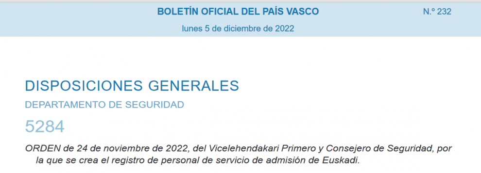 El BOLETÍN OFICIAL DEL PAÍS VASCO publica la ORDEN del REGISTRO DEL PERSONAL DE ADMISIÓN