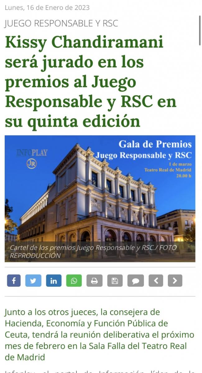 La prensa ceutí recoge la participación de KISSY CHANDIRAMANI, consejera de HACIENDA, ECONOMÍA Y FUNCIÓN PÚBLICA de CEUTA, en el jurado de los PREMIOS al JUEGO RESPONSABLE y RSC