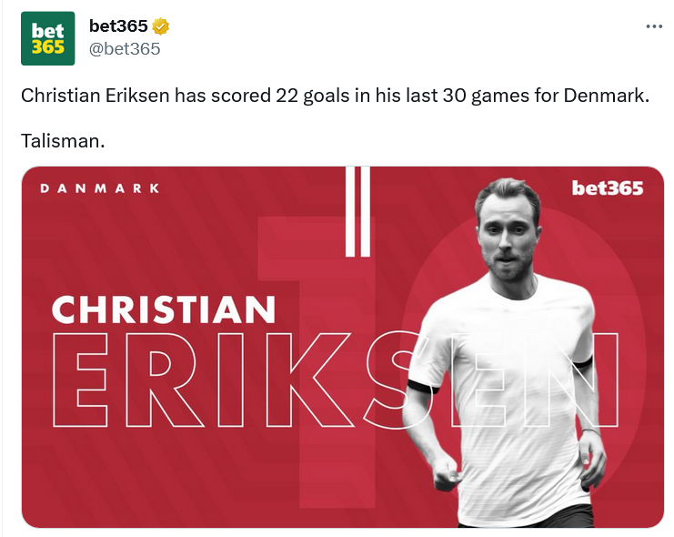 Captura del twitter de bet365 con el futbolista Eriksen