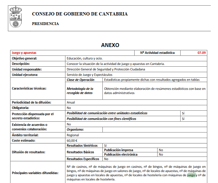 Gobierno de Cantabria aprueba inclusión de nuevas operaciones estadísticas, entre ellas las del Juego