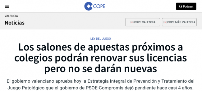 Pantallazo de la información publicada en COPE