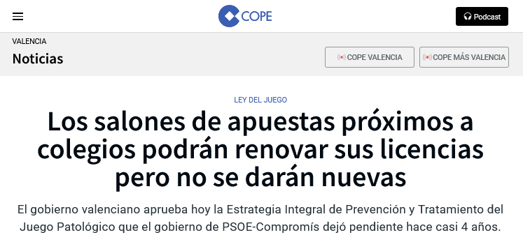 ¡PERFECTO!
Impecable noticia sin sesgos ideológicos que cuenta la realidad regulatoria de los establecimientos de juego en la Comunidad Valenciana