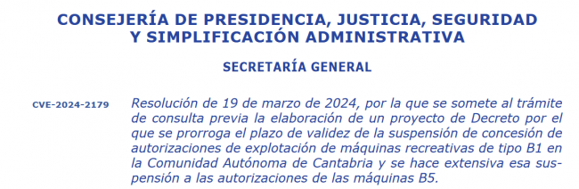 Se Prorroga la Suspensión de Concesión de Autorizaciones de Máquinas Recreativas en Cantabria