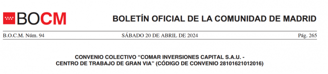 El Boletín de la Comunidad de Madrid publica el Convenio Colectivo de COMAR INVERSIONES CAPITAL S.A.U. para el Centro de Trabajo en Gran Vía