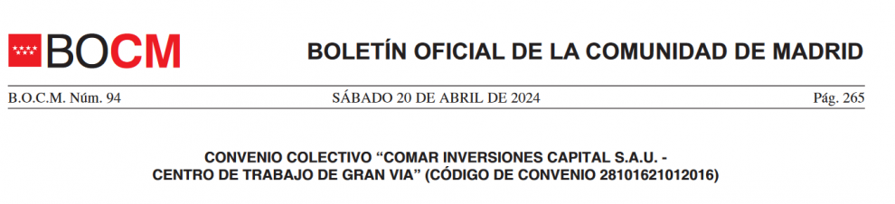El Boletín de la Comunidad de Madrid publica el Convenio Colectivo de COMAR INVERSIONES CAPITAL S.A.U. para el Centro de Trabajo en Gran Vía