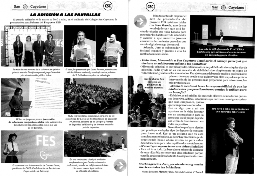El Proyecto FES del Colegio San Cayetano destaca en la revista 'De Nou a Sis' tras su presentación en Baleares