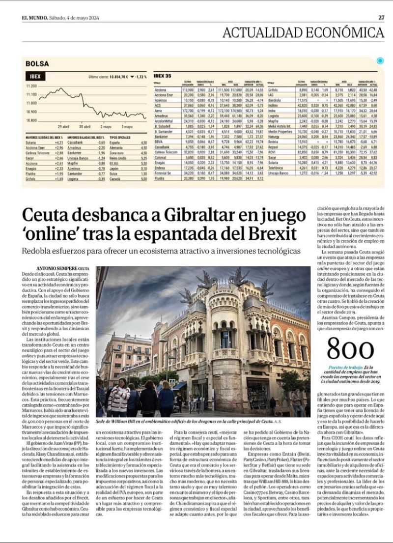 Ceuta desbanca a Gibraltar como destino de las empresas de juego online, así lo cuenta el diario EL MUNDO