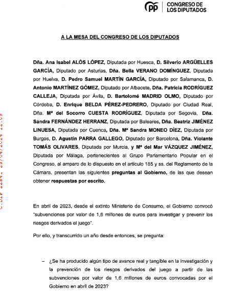 El Grupo Parlamentario Popular exige transparencia sobre el Gasto del gobierno en Subvenciones para la Investigación y Prevención de Riesgos del Juego