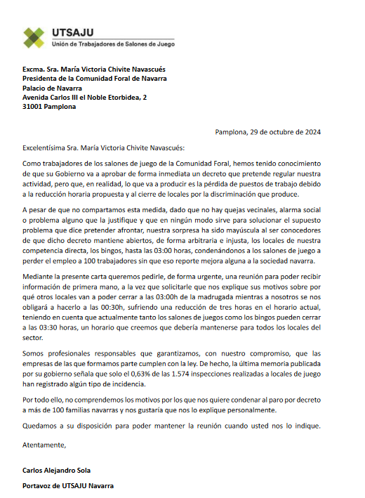 Los trabajadores de los salones de juego piden una reunión urgente a la presidenta de Navarra por la próxima pérdida de más de 100 empleos debido a un decreto sin consenso