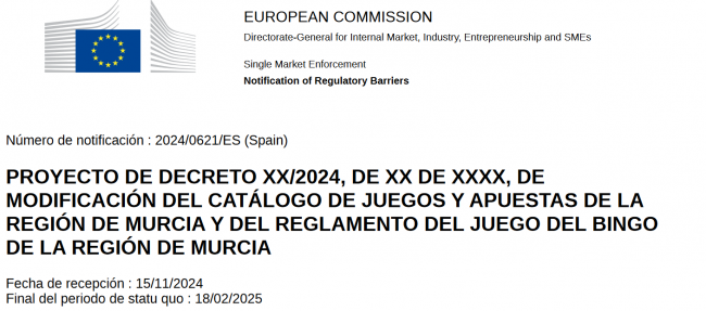 La Región de Murcia notifica al TRIS su proyecto para modernizar el juego del bingo.