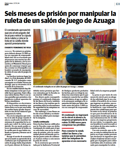 Seis meses de prisión por manipular una ruleta en un salón de juegos en Azuaga, Badajoz