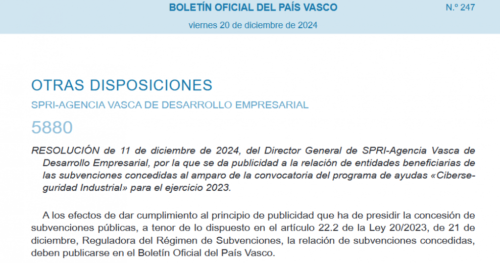 Ekasa Diversificación recibe una subvención del programa de Ciberseguridad Industrial 2023