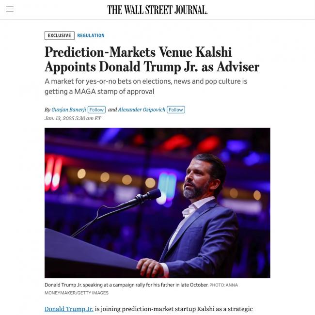 Don Junior, Donald Trump, asesor estratégico, plataforma de apuestas Kalshi, eventos del mundo real, elecciones, desarrollos económicos.